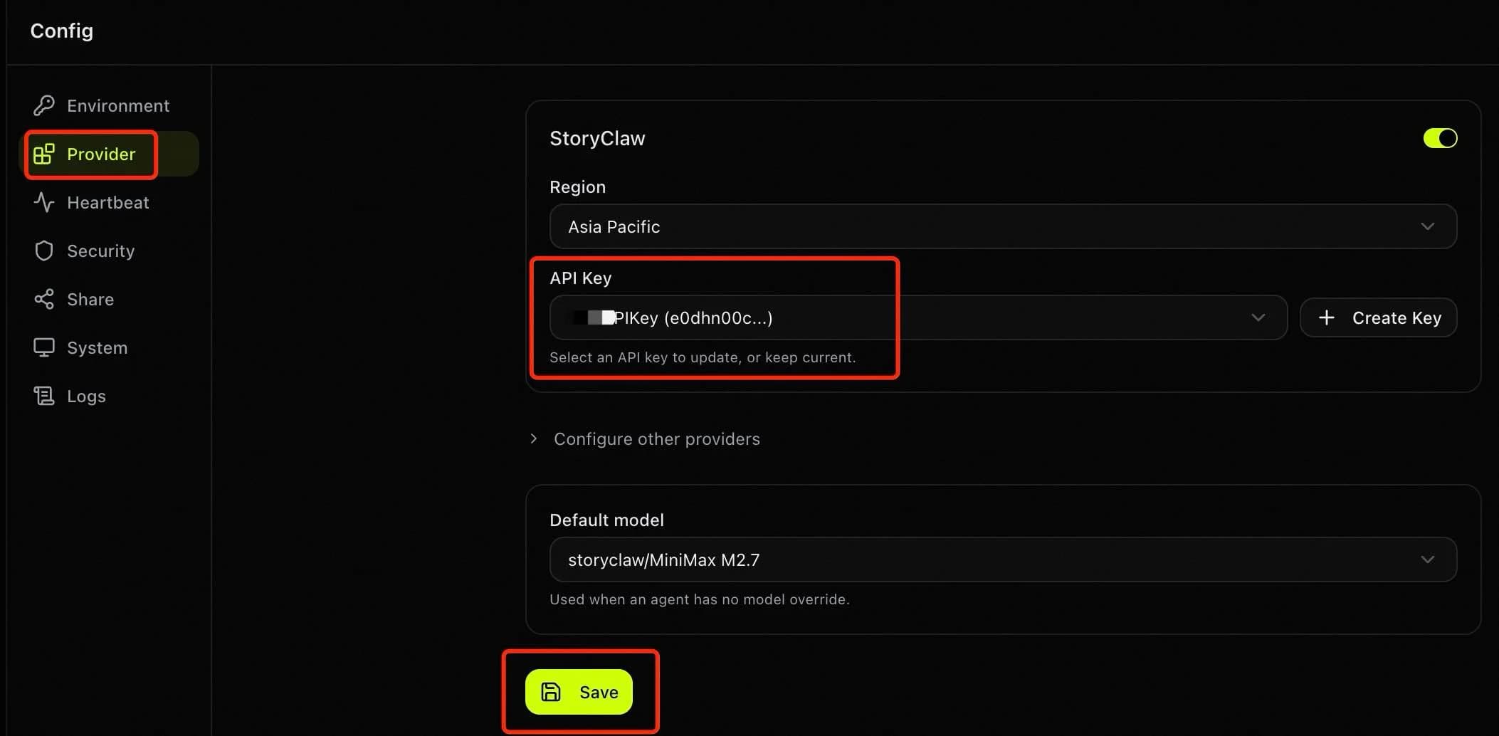 Config → Provider — select StoryClaw API Key