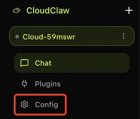 CloudClaw sidebar — click Config