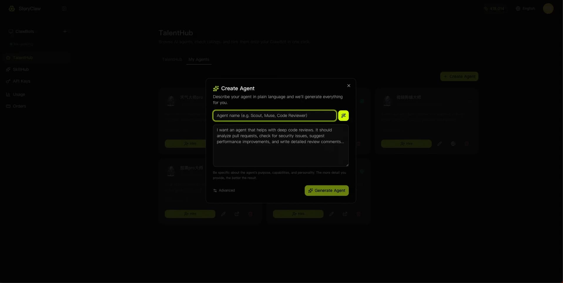 Enter agent name and description
