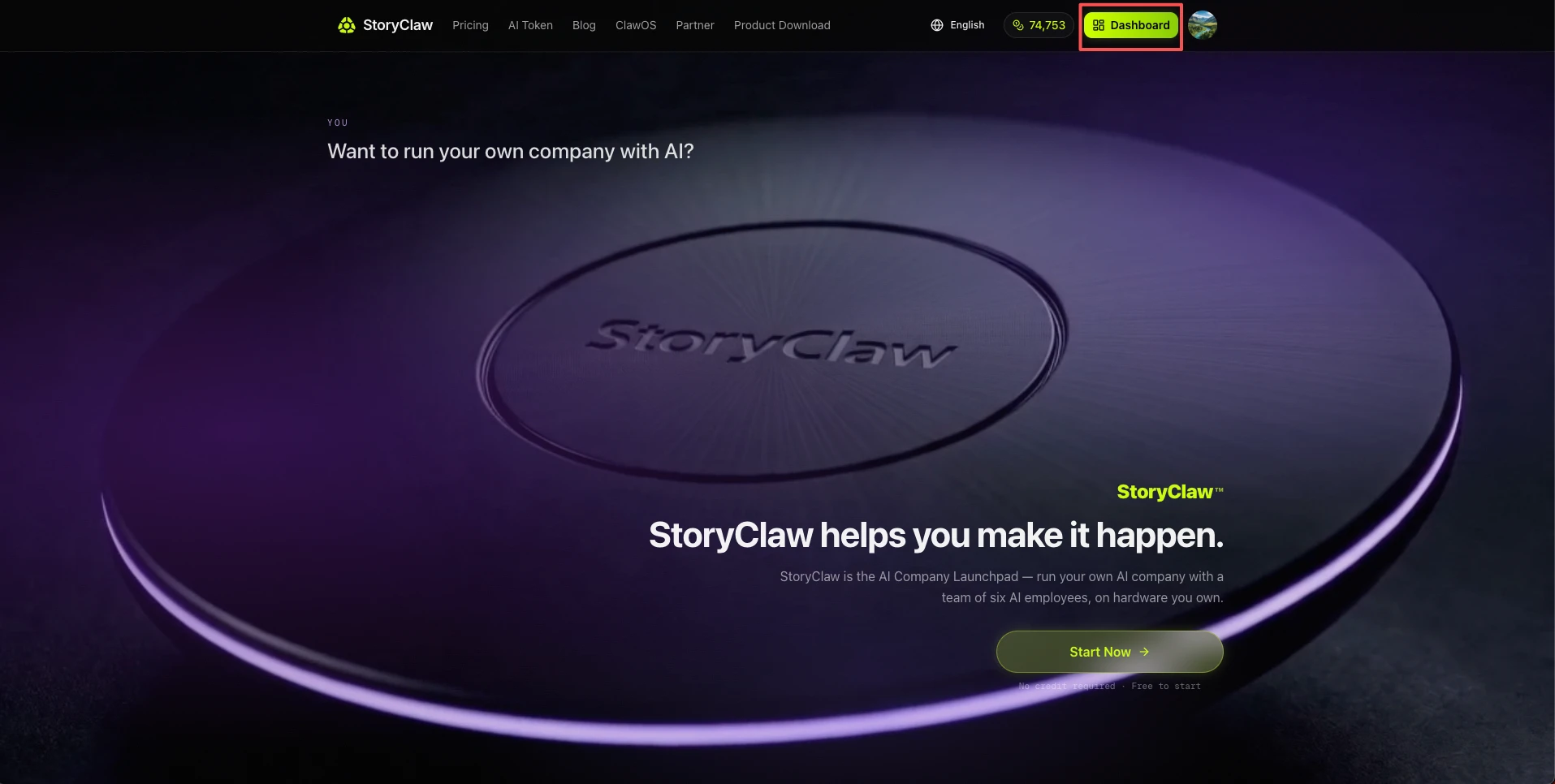 StoryClaw homepage — click Console