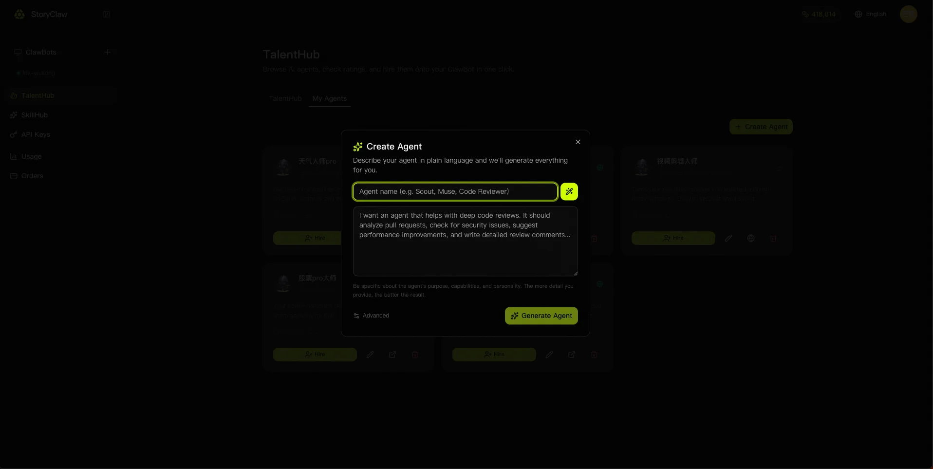 Enter agent name and description