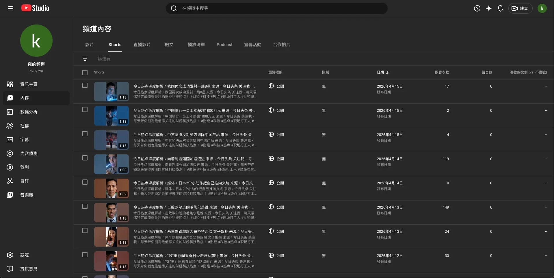 YouTube Studio 中查看已发布的视频